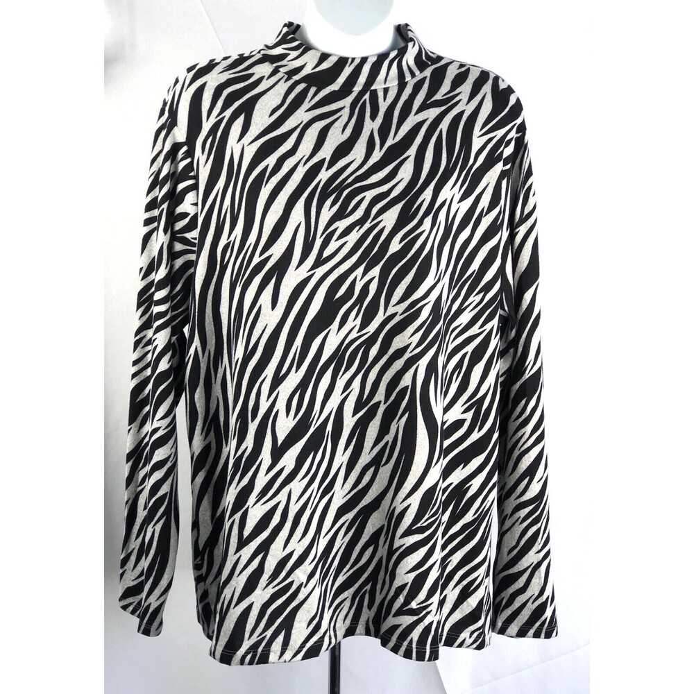 Terra & Sky Mock neck sweater 1X black/gray zebra long sleeve Light Soft Knit